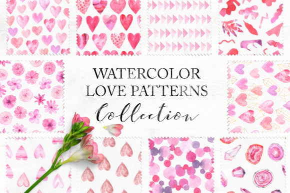 15 Watercolor Love Seamless Patterns & Illustrations