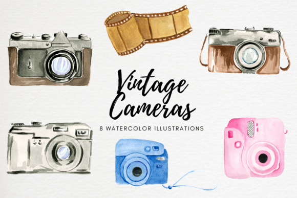 Retro Watercolor Vintage Cameras Set Illustrations