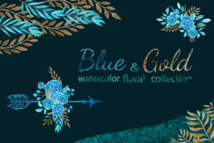 Watercolor Blue and Gold Floral Set: Premium Illustrations