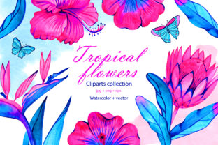 Watercolor Neon Tropical Flowers Illustrations